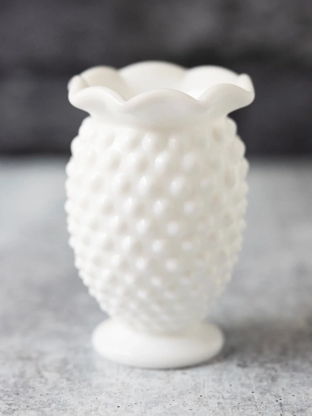 Vintage small white Fenton hobnail ruffled milk glass bud vase 3.75